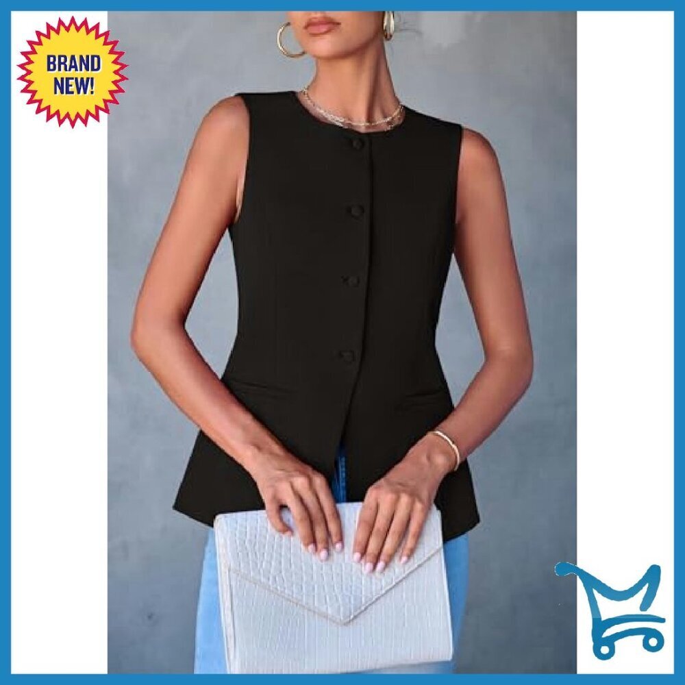 Sleeveless Button Down Vest Blazer Business Casual Polyester Waistcoat - Picture 7 of 8